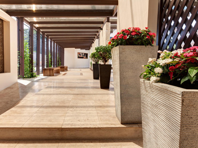 2-	Picture of a walkway at the Costa Rica Medical Center Inn, San Jose, Costa Rica.  The picture shows beautiful flowers along the way.